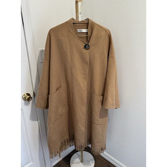 ZARA CAMEL WOOL RUNWAY MUST HAVE STYLE CAPE FRINGE BLOGGER COAT $279 Sz M - Picture 7 of 10